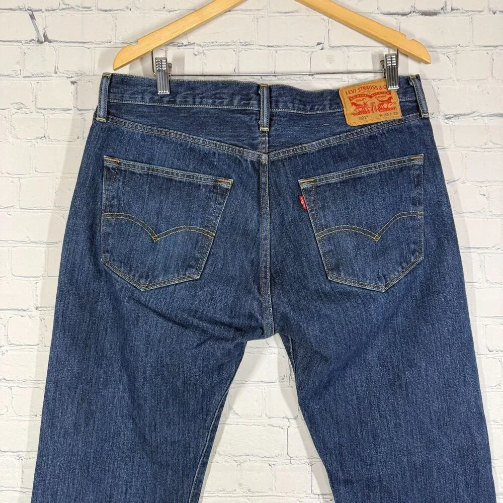 Levi’s 501 Jeans Mens 36x32 Button Fly Denim Blue Dark Wash Straight Leg Western
